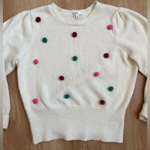 Cream sweater with Pom poms large red green pink preppy Daily Thread